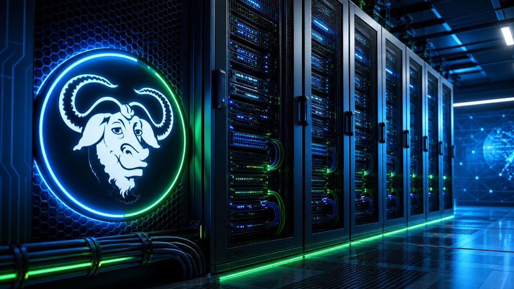 Futuristic datacenter illustration — GNU motif and open infrastructure theme